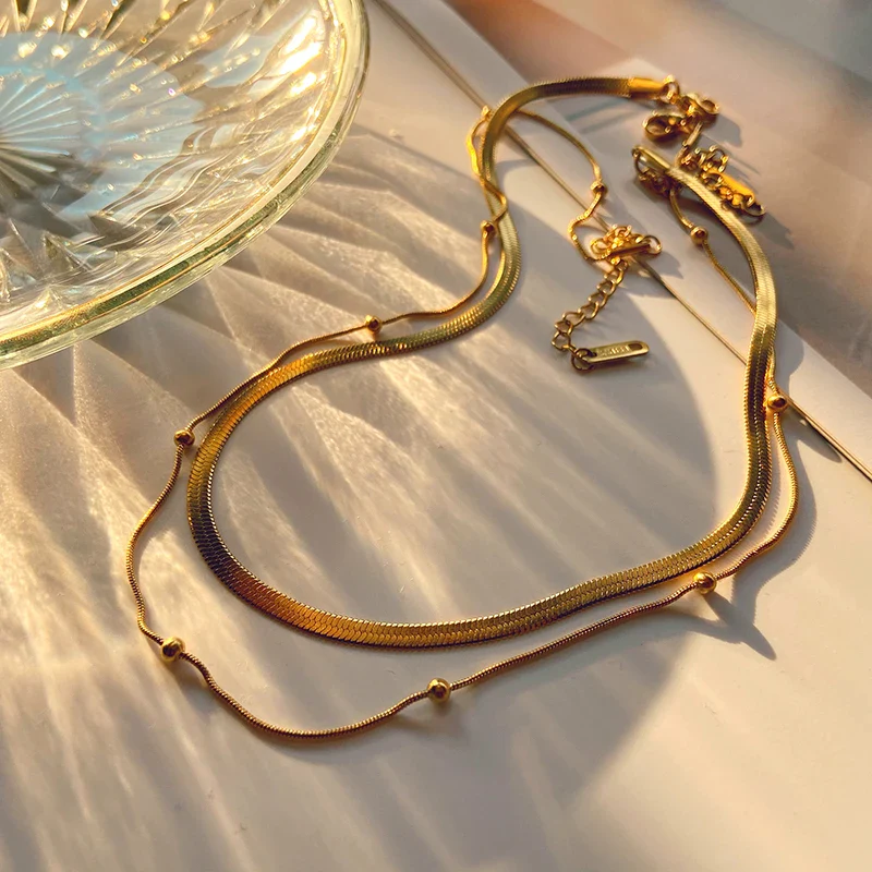 14k Herringbone & Satellite Chain Necklace Stack - Image 2