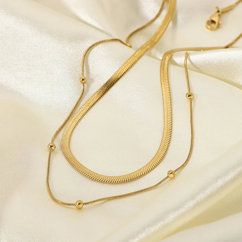 14k Herringbone & Satellite Chain Necklace Stack - Image 4