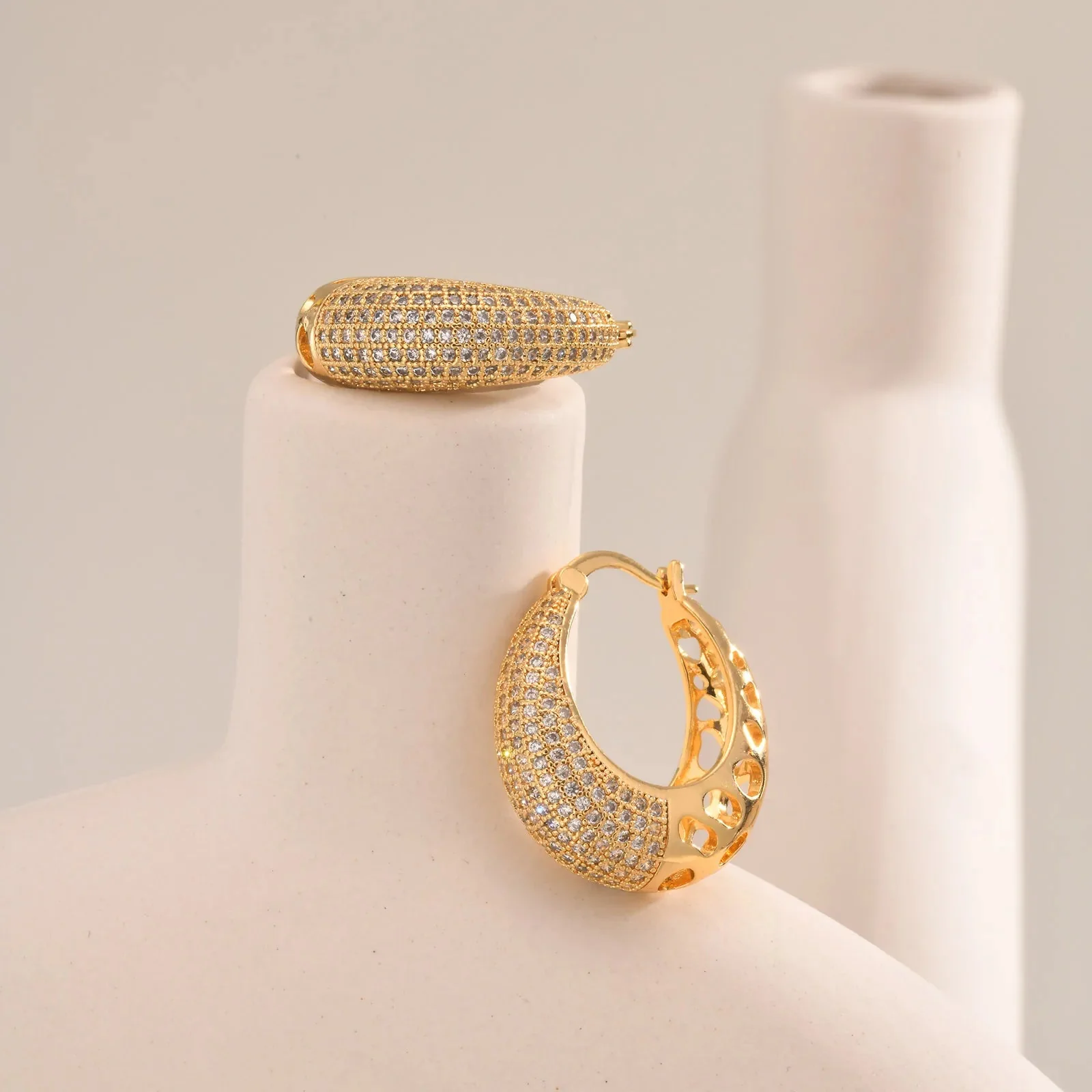 14k Intricate Half Diamond Hoop Earrings - Image 4
