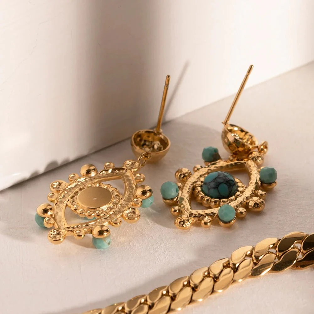 18k Boho Evil Eye Bead Accented Earrings - Image 3