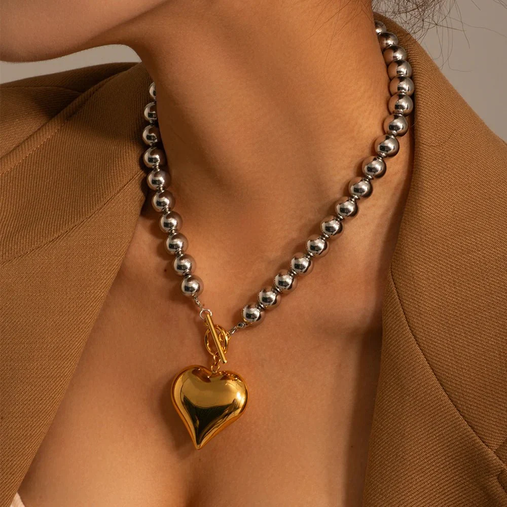18k Chunky Silver & Gold Heart Necklace - Image 3