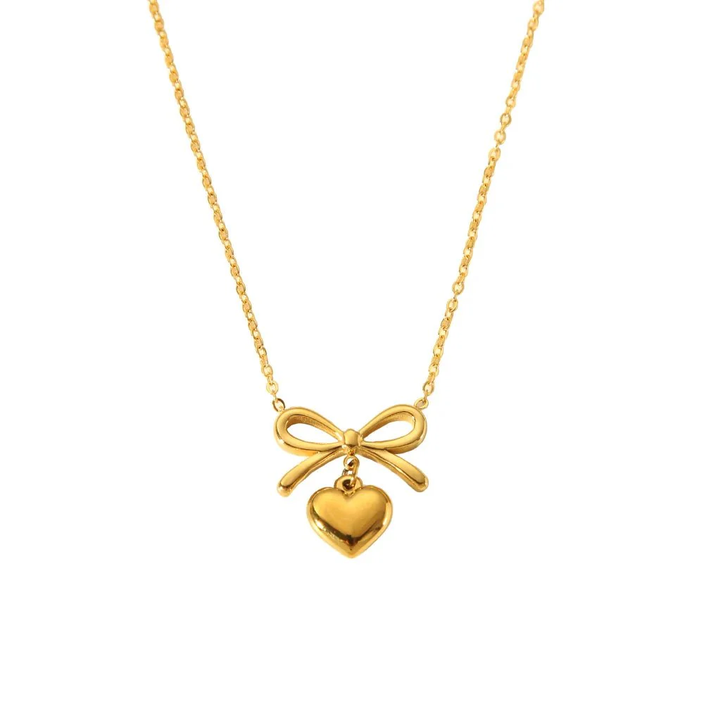 18k Dainty Bow & Heart Necklace - Image 4