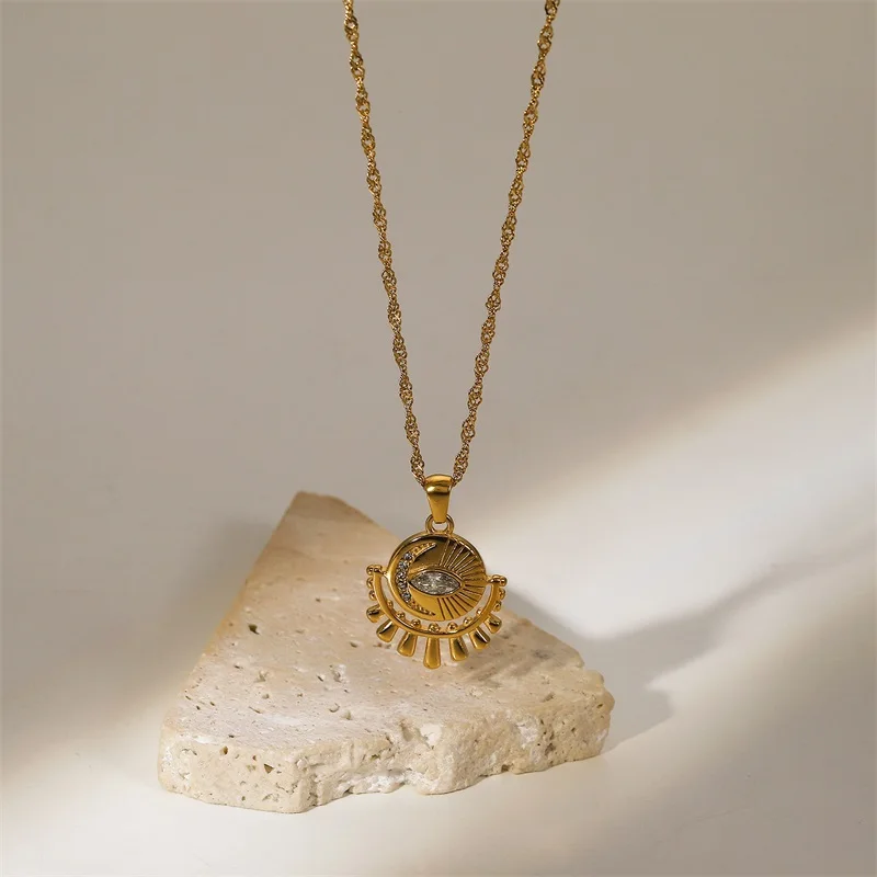 18k Dainty Sun & Moon Evil Eye Necklace - Image 4