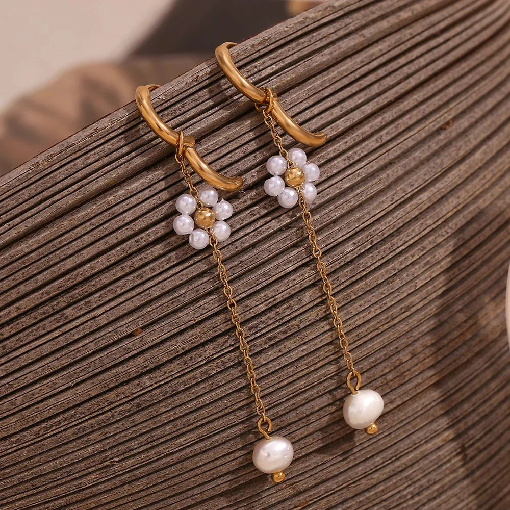 18k Dangling Floral Pearl Earrings - Image 2
