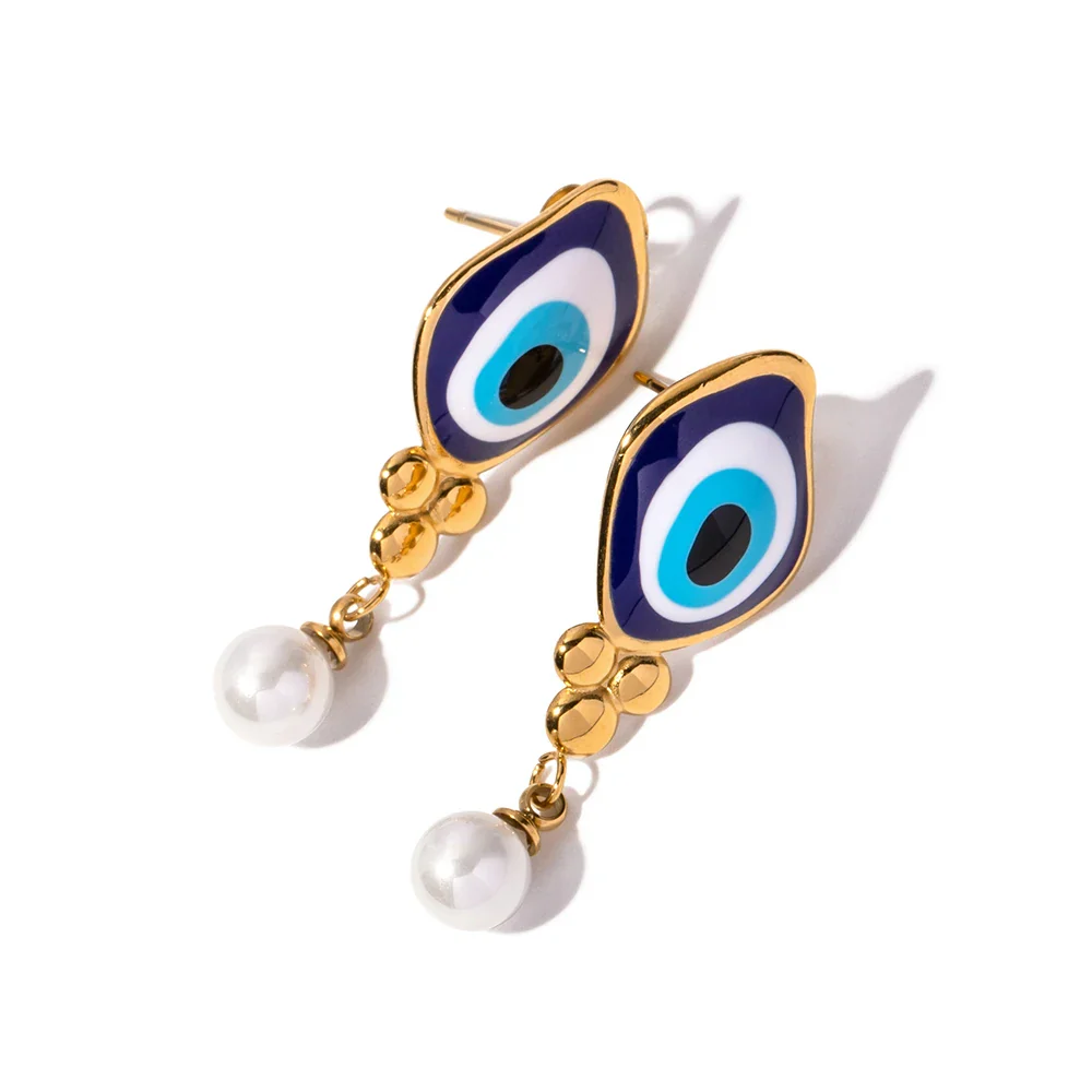 18k Evil Eye Pearl Drop Earrings - Image 6