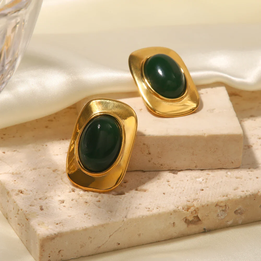 18k Green Oval Opal Rectangle Earrings - Image 2