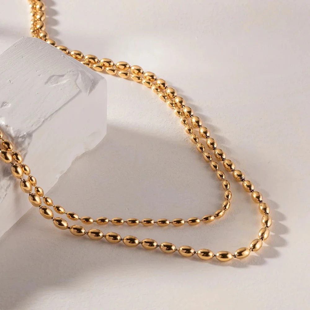 18k Layered Gold Beaded Necklace - Image 4