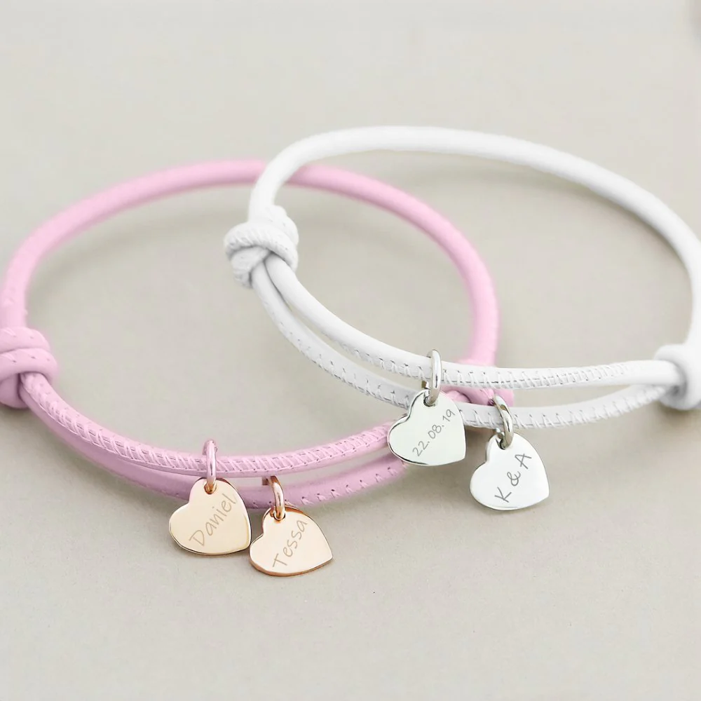 18k Personalized Leather Heart Charm Bracelet - Image 4