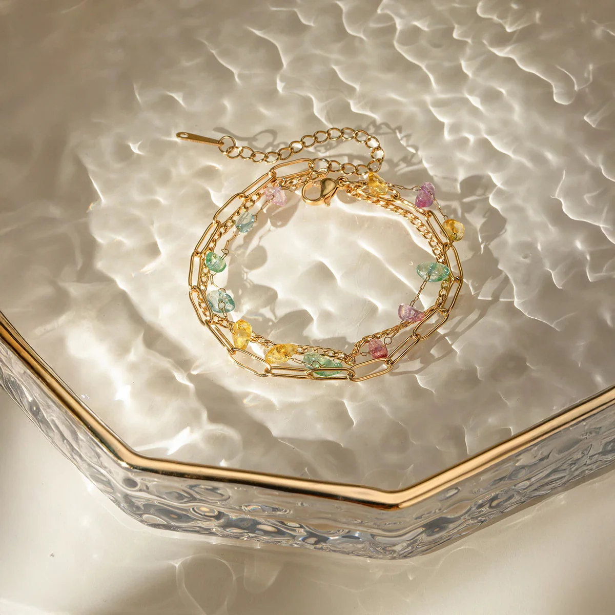 18k Stacked Curb, Paperclip, & Crystal Bracelet - Image 5