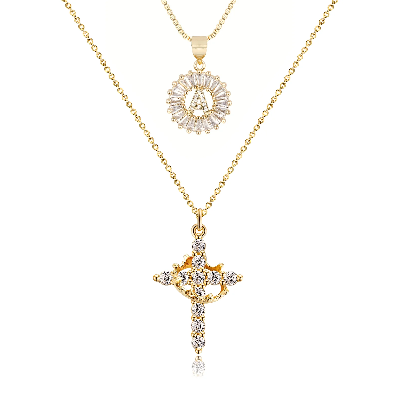 2pc 14k Diamond Cross Crown & Initial Necklace Set - Image 8