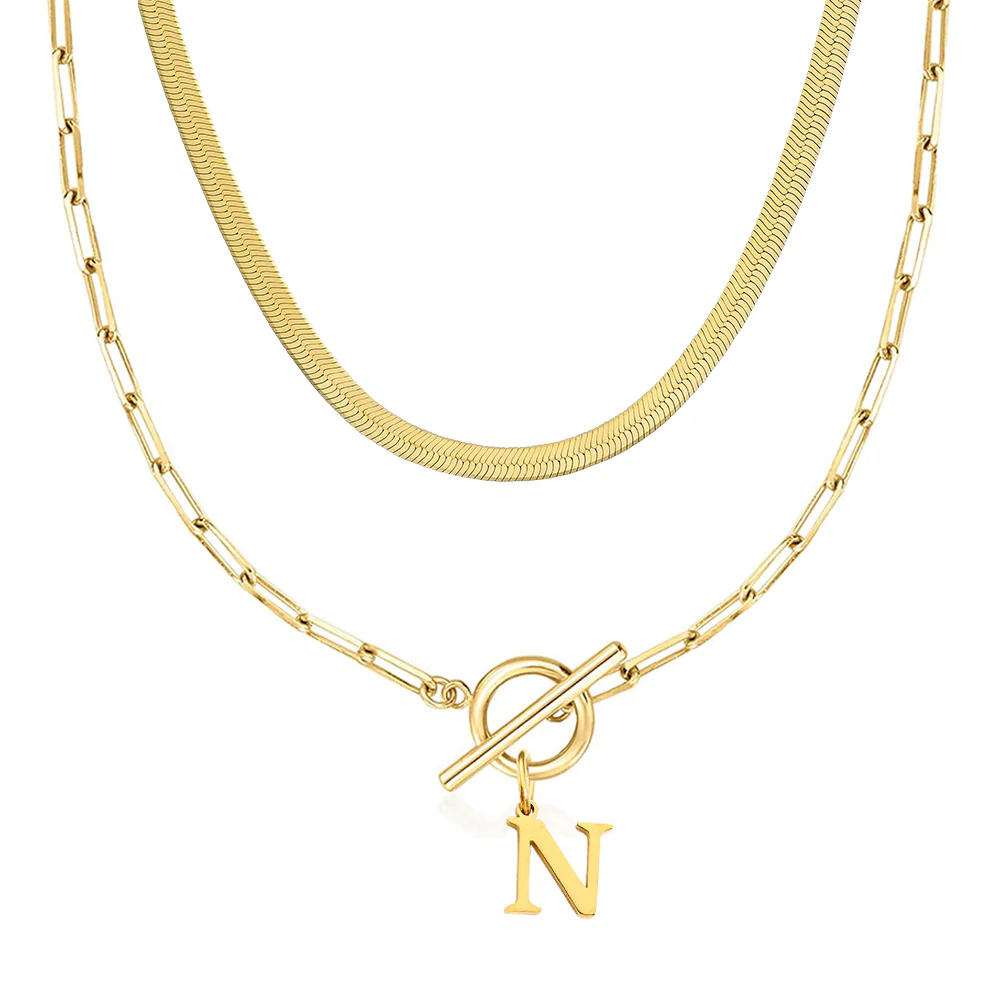 2pc Paperclip Initial Toggle Clasp & Herringbone Necklace Set - Image 22