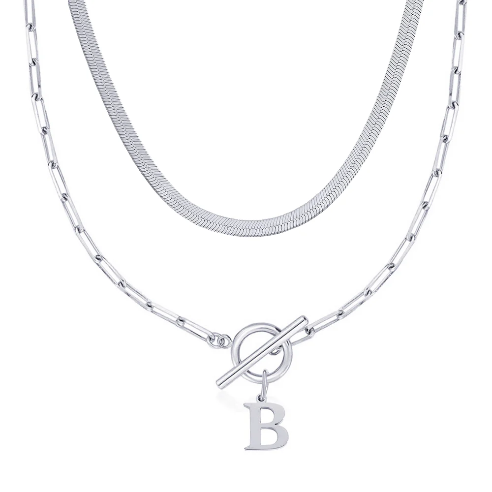 2pc Paperclip Initial Toggle Clasp & Herringbone Necklace Set - Image 36