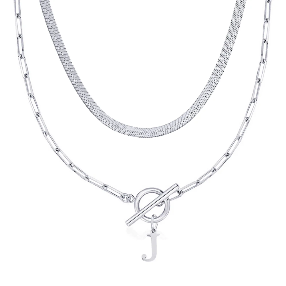 2pc Paperclip Initial Toggle Clasp & Herringbone Necklace Set - Image 44