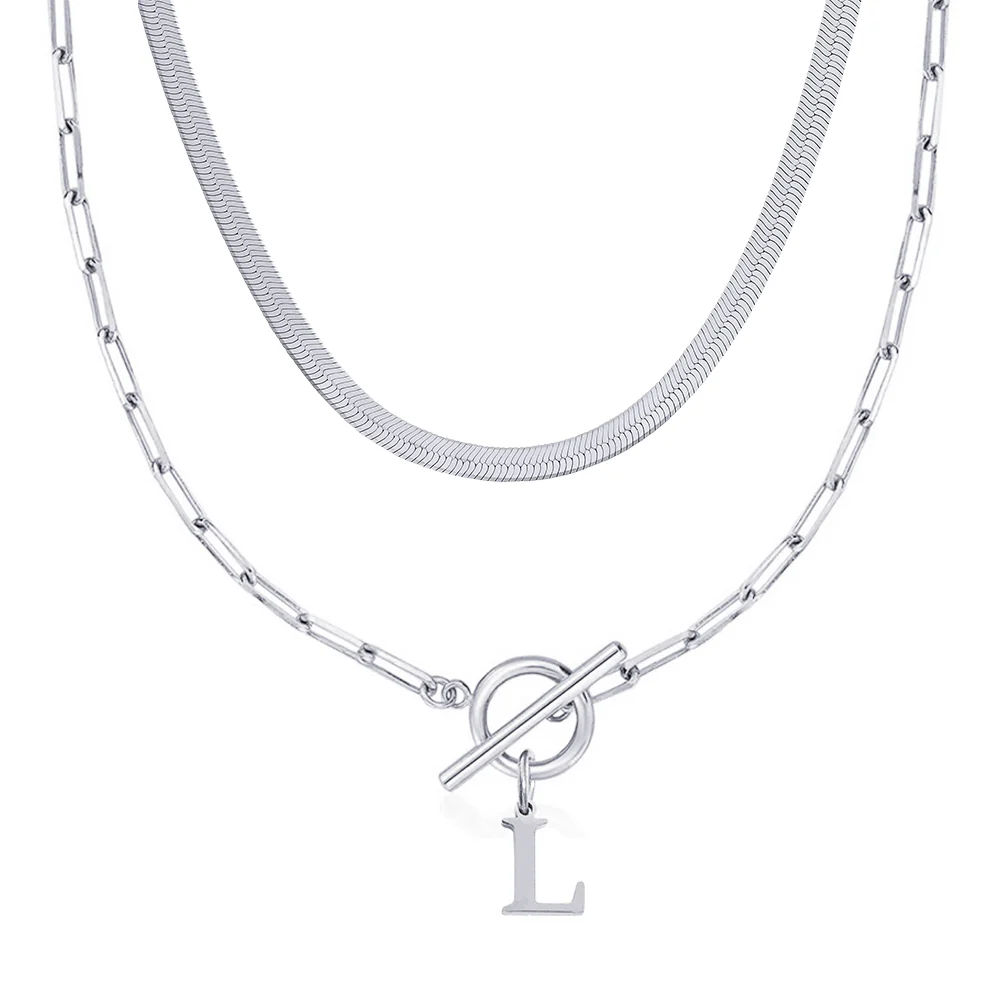 2pc Paperclip Initial Toggle Clasp & Herringbone Necklace Set - Image 46