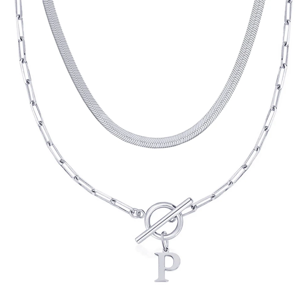 2pc Paperclip Initial Toggle Clasp & Herringbone Necklace Set - Image 50