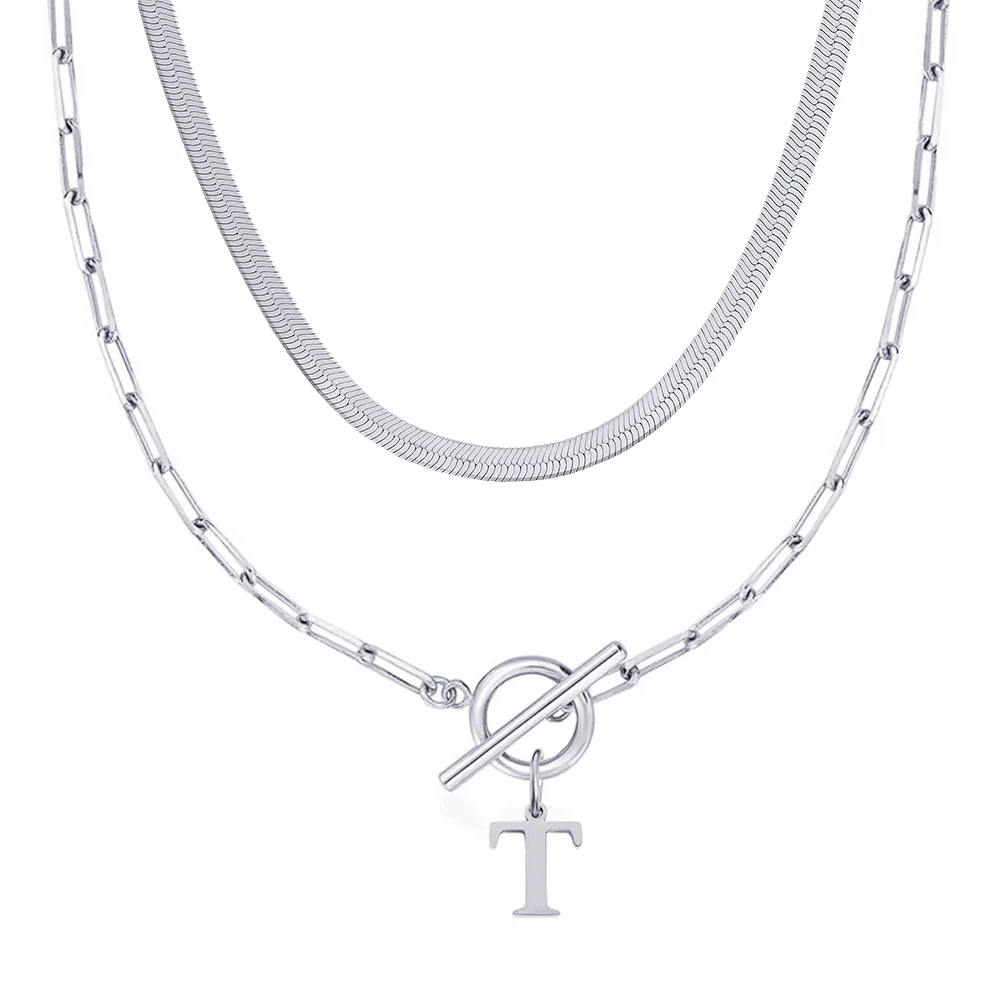 2pc Paperclip Initial Toggle Clasp & Herringbone Necklace Set - Image 54