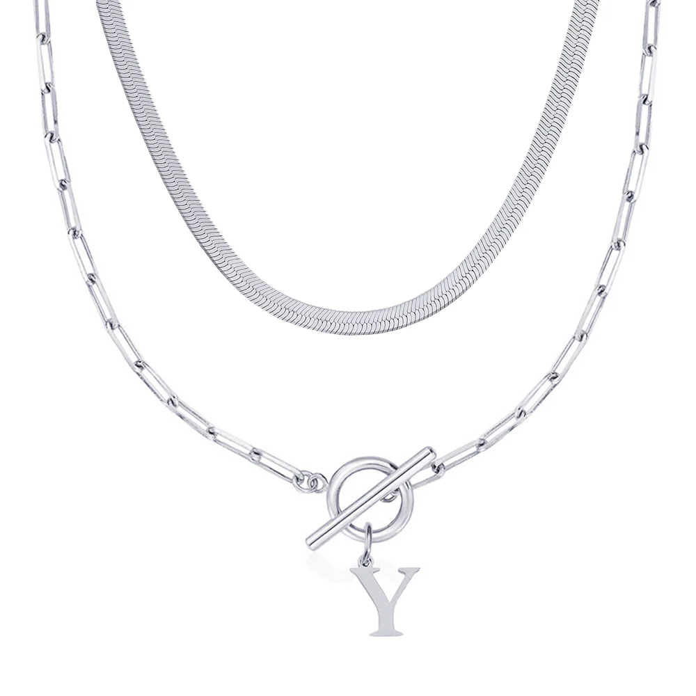2pc Paperclip Initial Toggle Clasp & Herringbone Necklace Set - Image 59