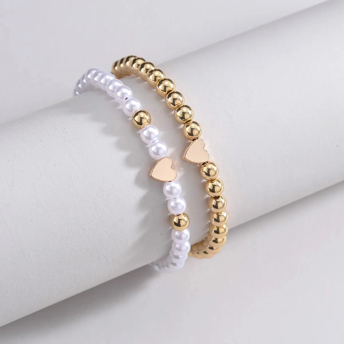 2pcs Classy White & Gold Beaded Heart Bracelets - Image 2