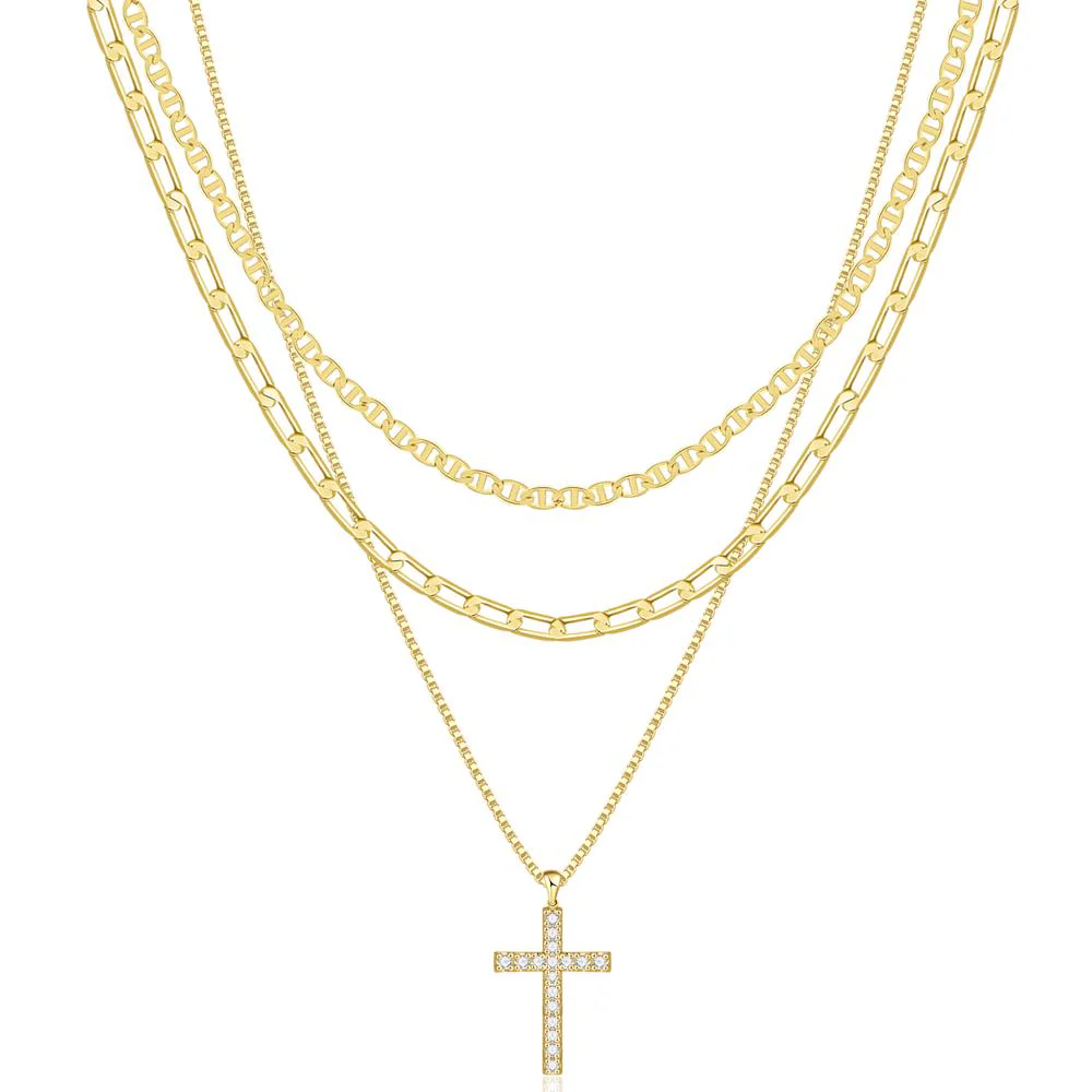 3pc 14k Layered Cross Necklace Stack - Image 8
