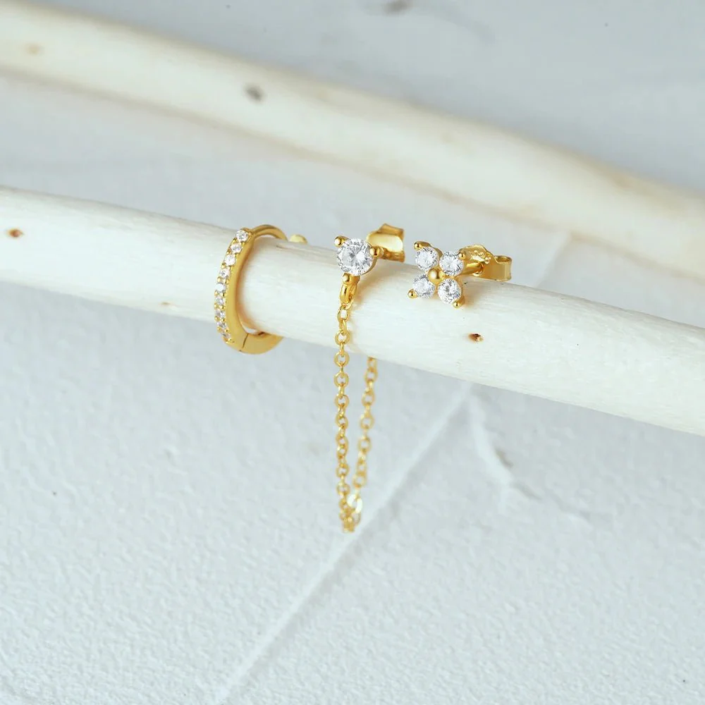 3pc Dainty Floral Tassel Chain Earrings Set - Image 3