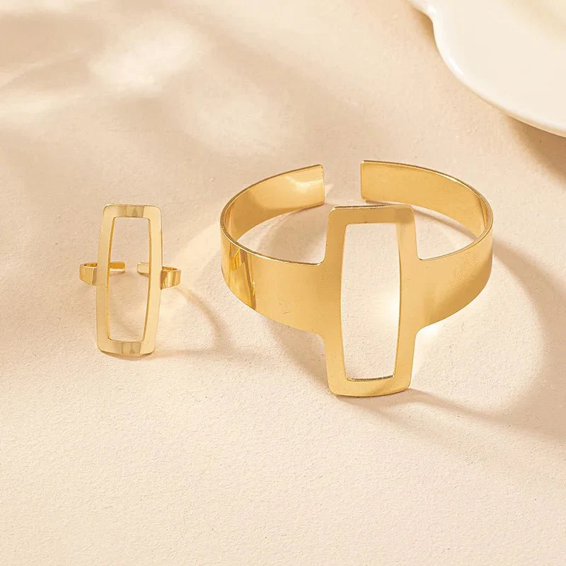 Adjustable Geometric Rectangle Bracelet and Ring Set - Image 8