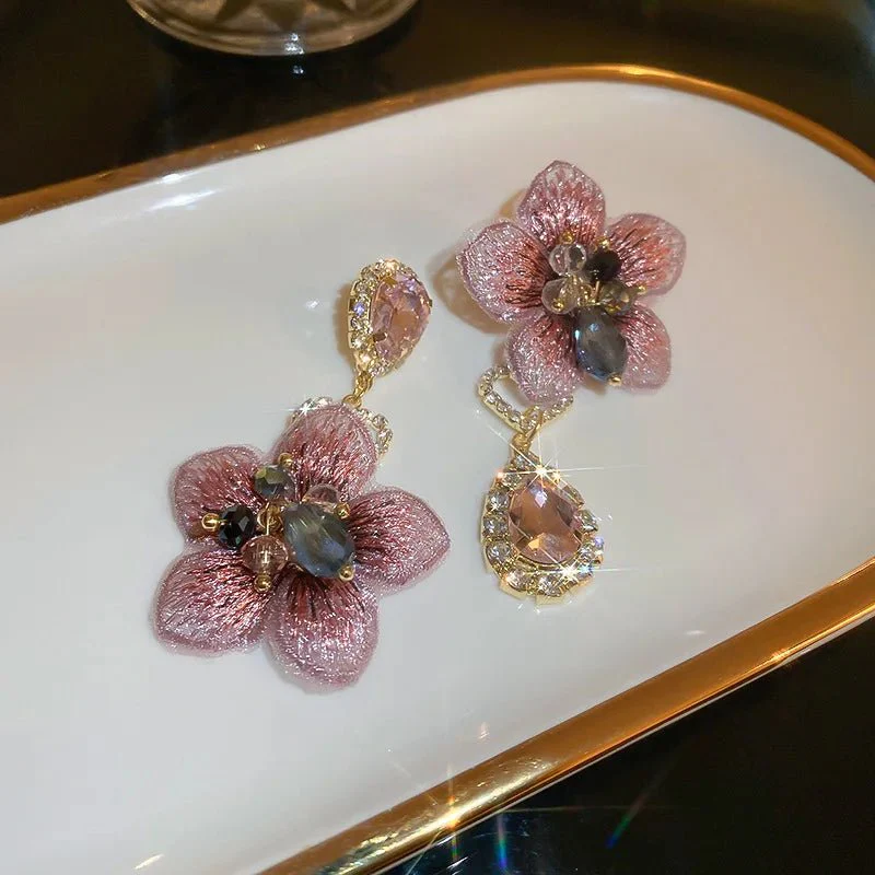 Asymmetrical Oriental Hibiscus Crystal Earrings - Image 4