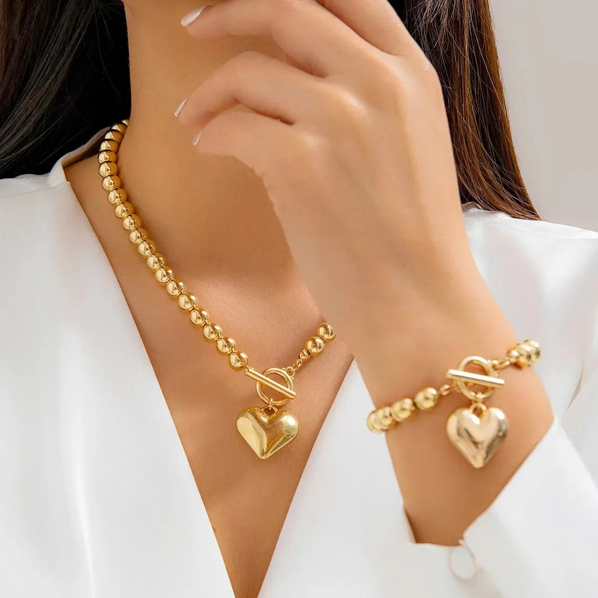 2pc Beaded Heart Pendant Bracelet and Necklace Set - Image 5