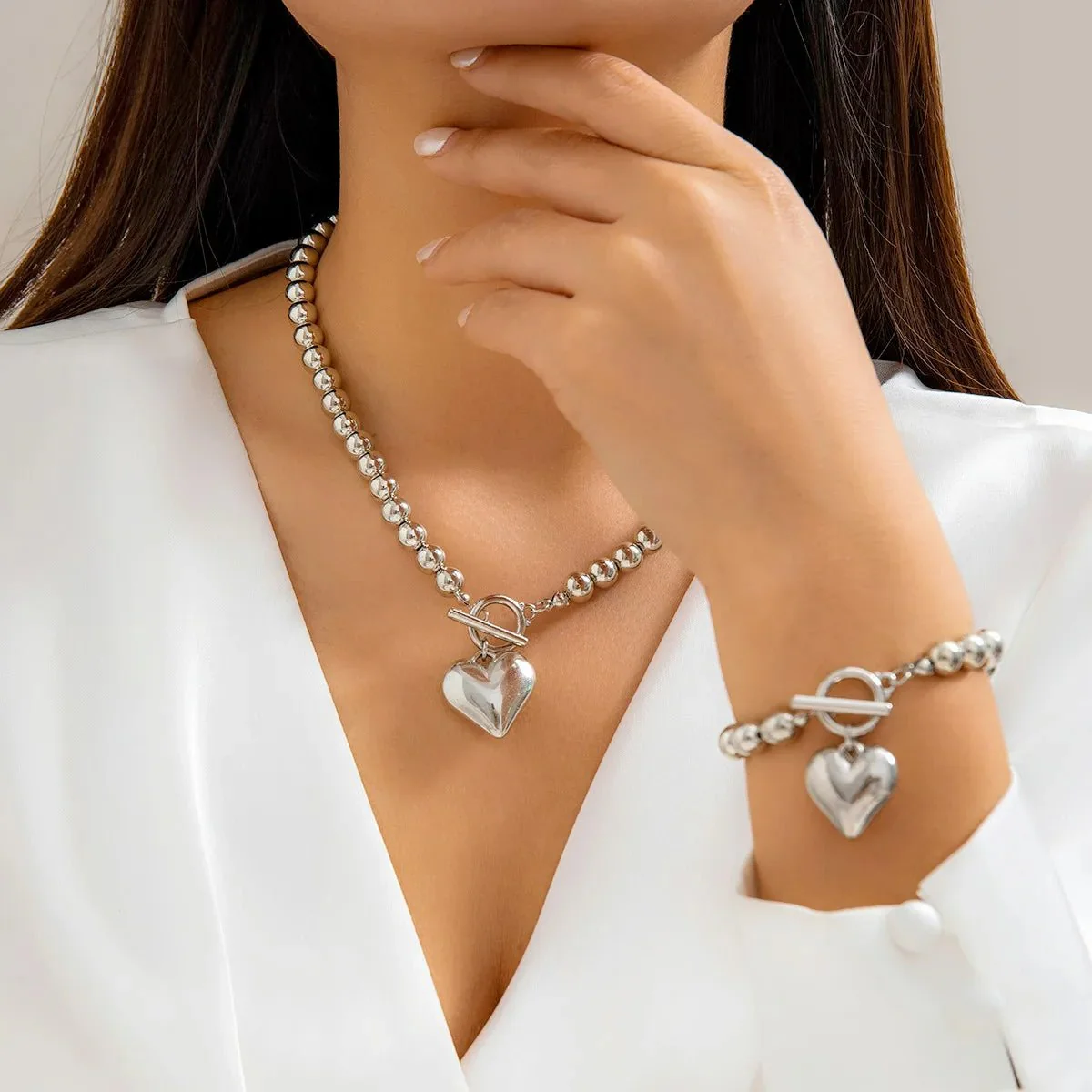2pc Beaded Heart Pendant Bracelet and Necklace Set - Image 6