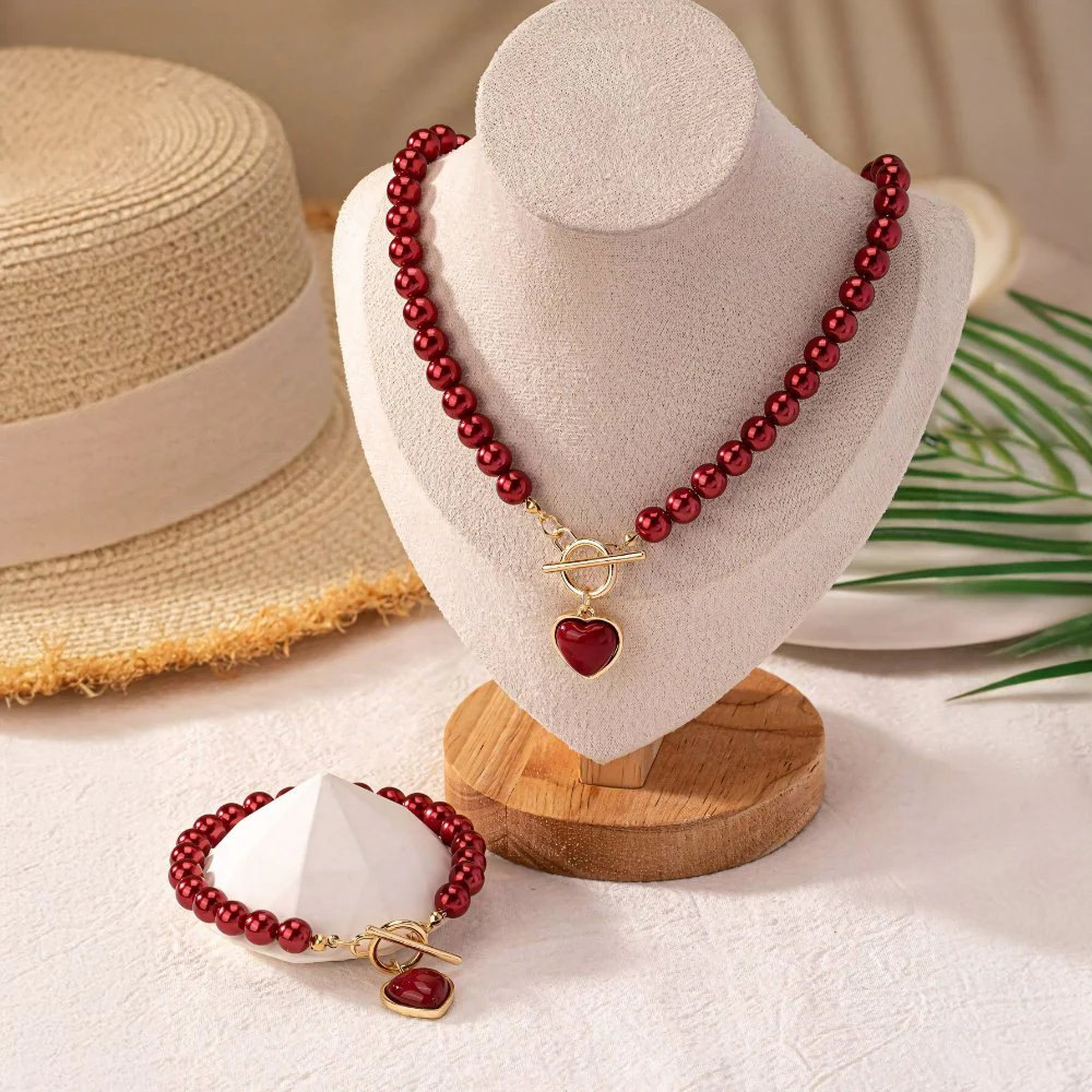 2pc Beaded Heart Pendant Bracelet and Necklace Set - Image 7