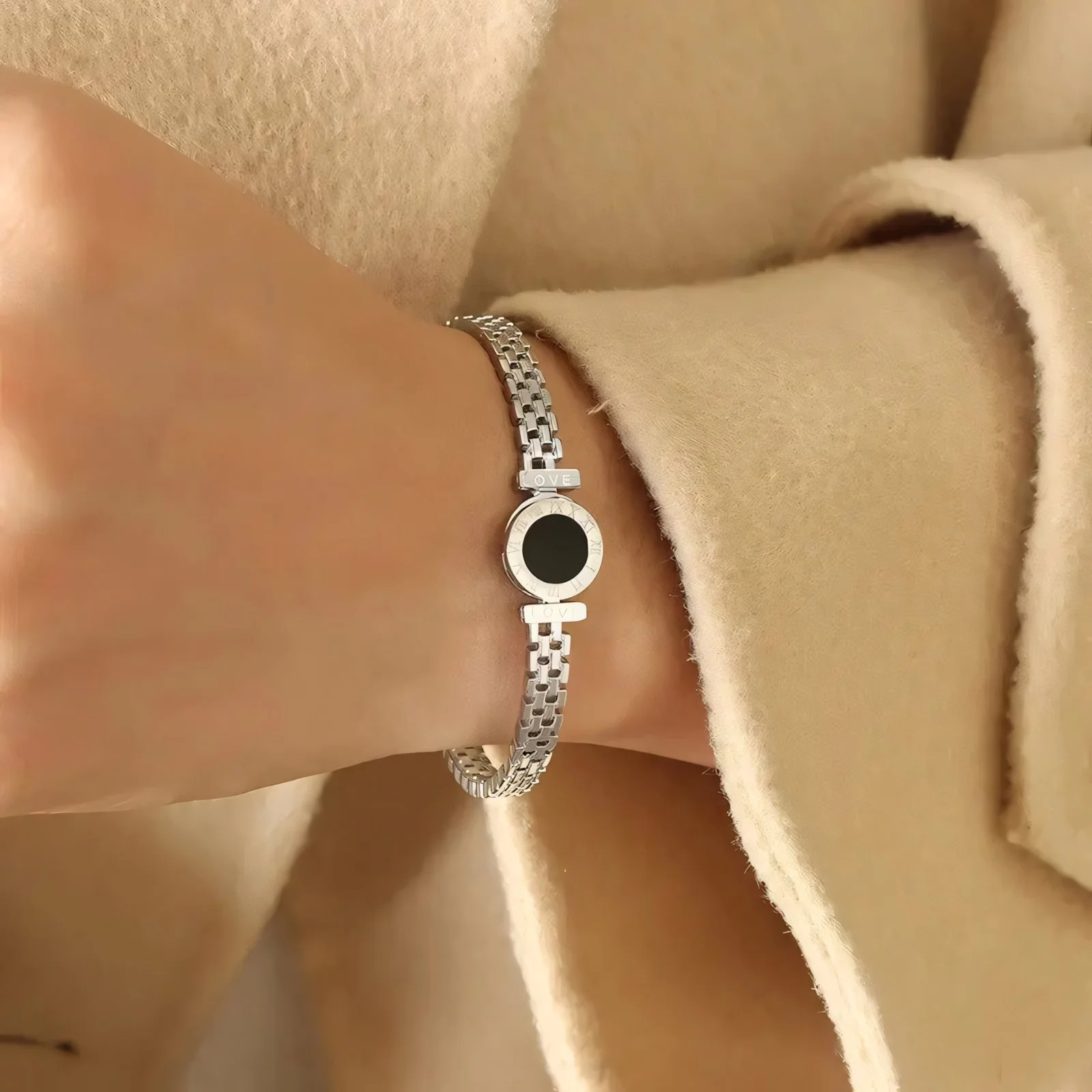 Black Center Roman Numeral Accented Bangle Bracelet - Image 2