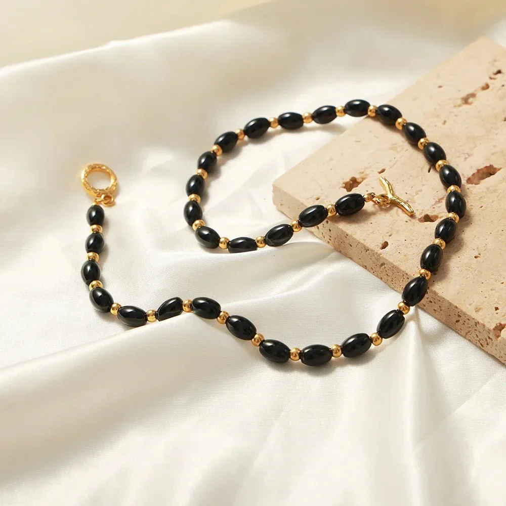 Boho Beaded Black and Gold Circle Clasp Necklace - Image 2