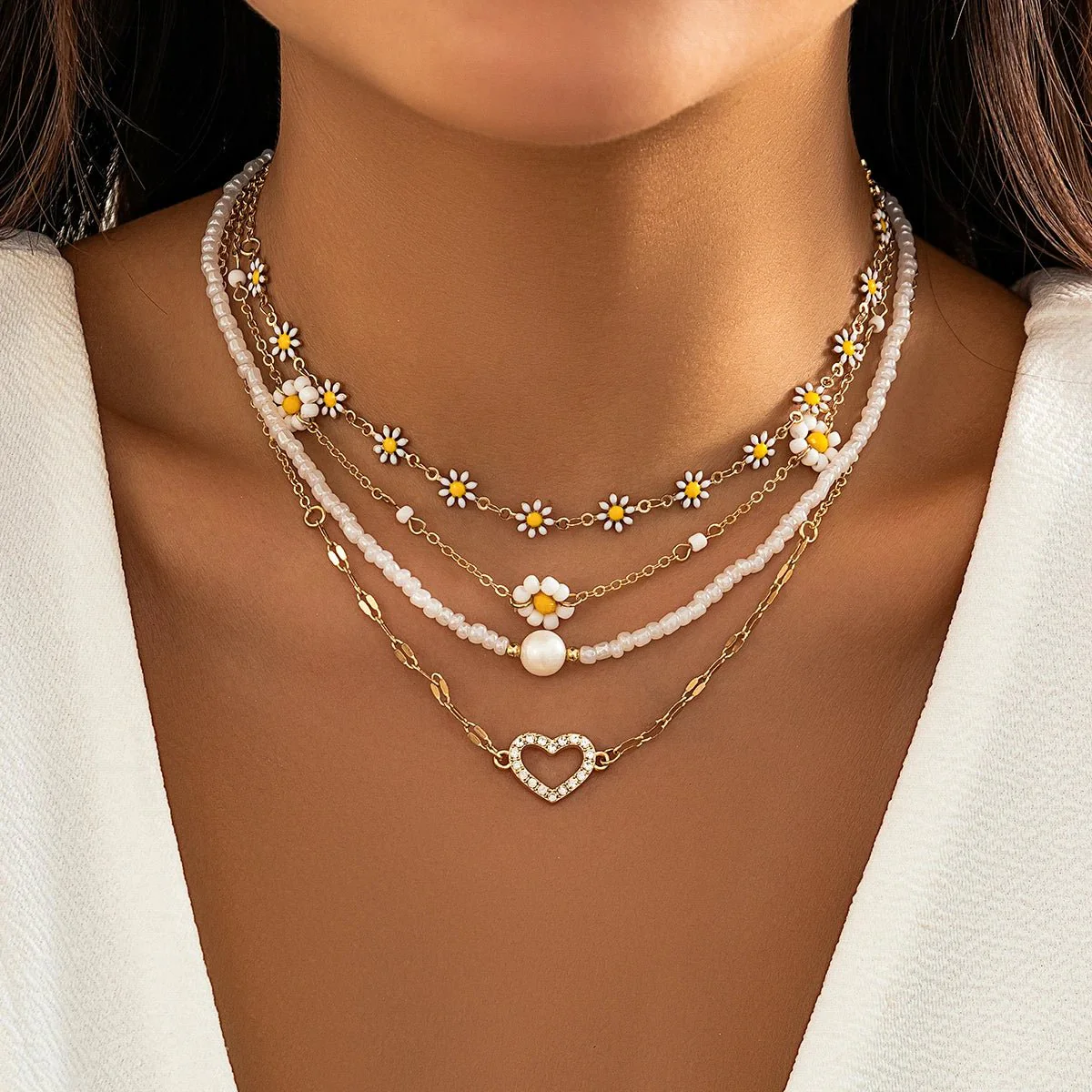 Boho Spring Daisy Necklace Stack