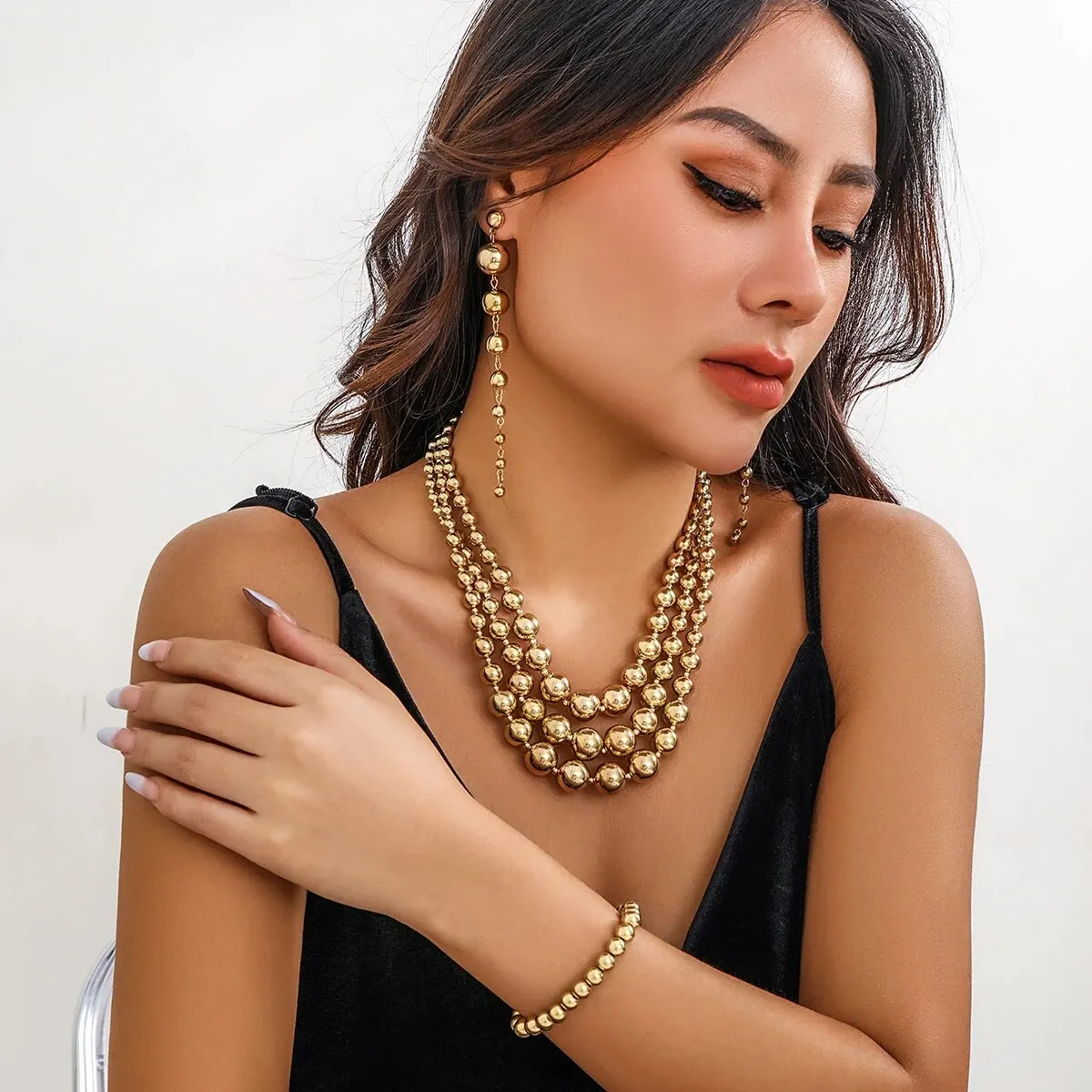 Bold Triple Stack Dangle Earrings, Necklace, Bracelet Set - Image 3