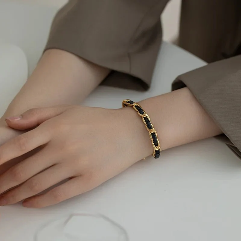 Braided Gold and Black Chain Leather Bracelet - Image 5