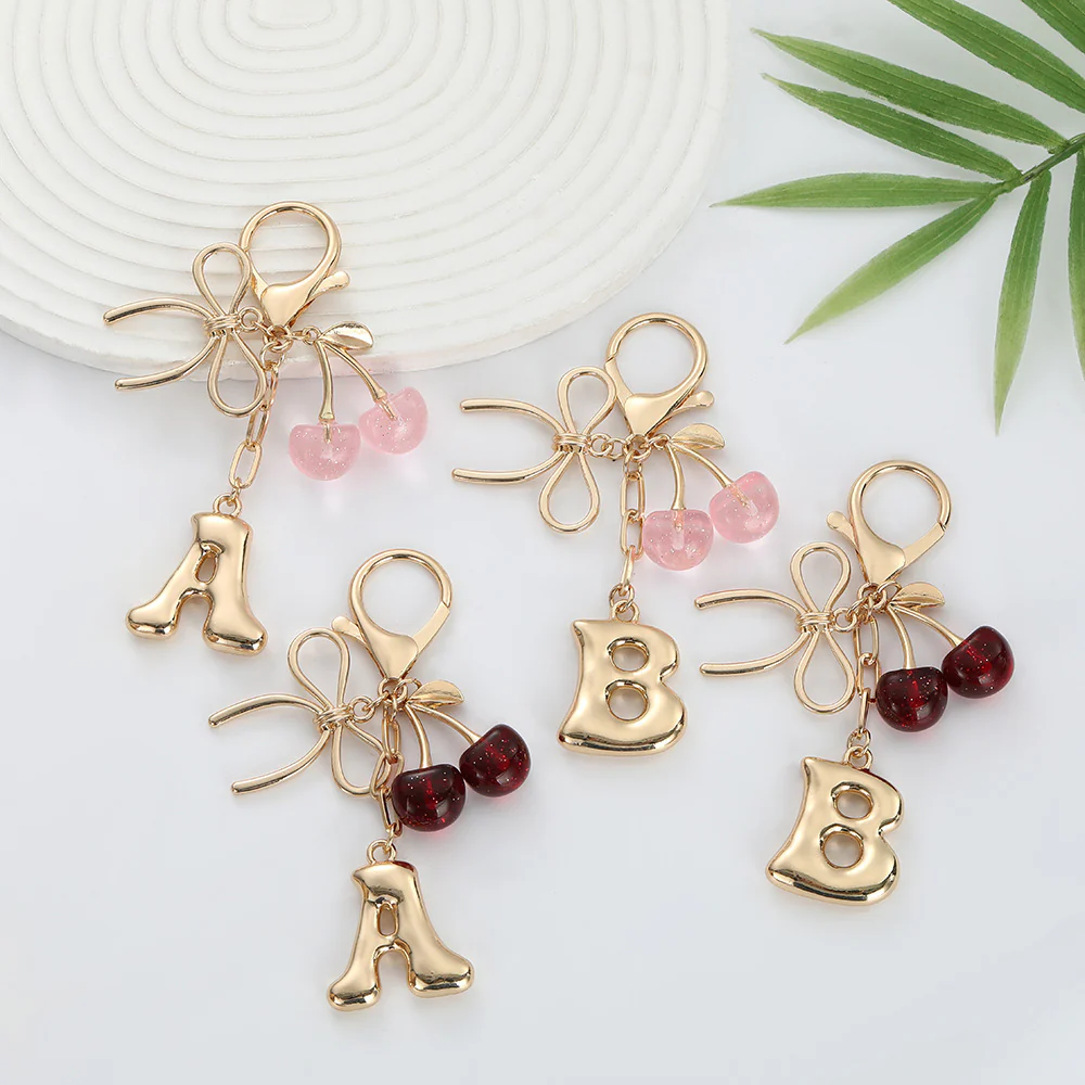 Bubble Initial With Bow & Cherry Charms Keychain - Image 5