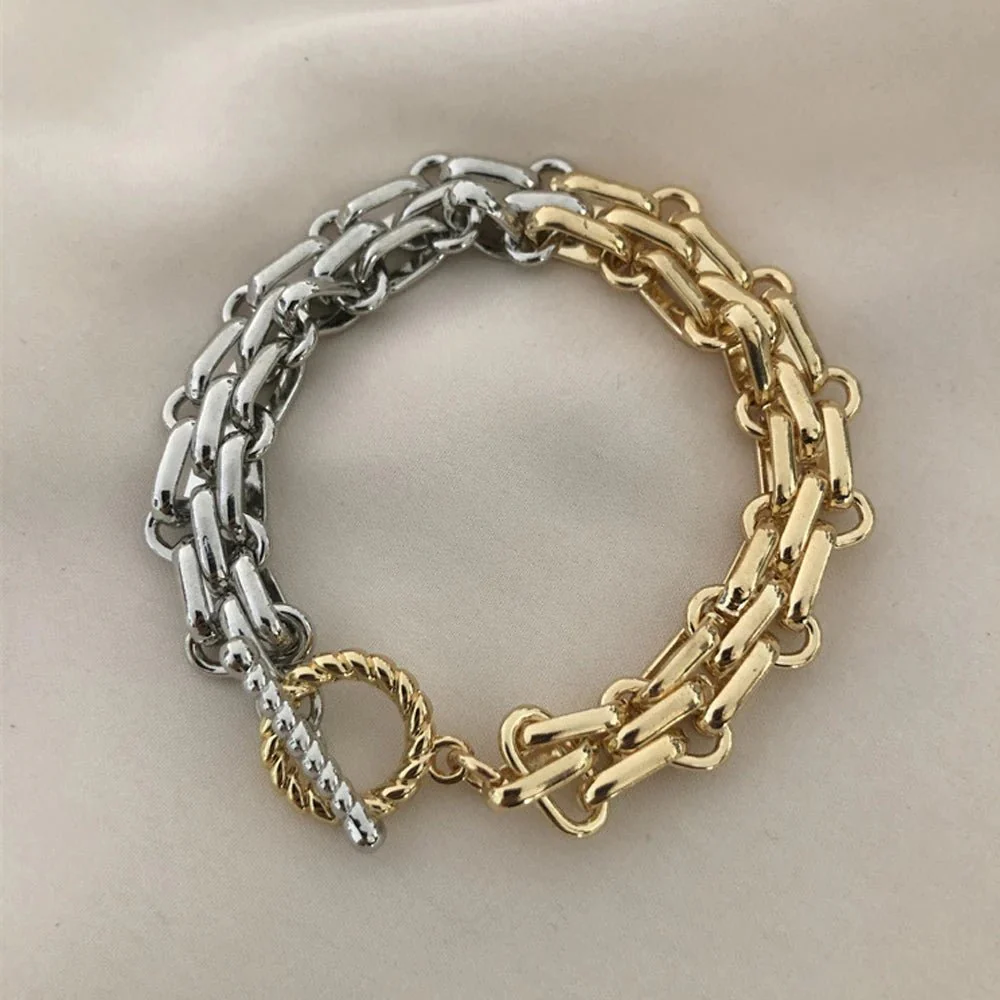 Chunky Two Tone Textured Circle Clasp Bracelet - Image 4