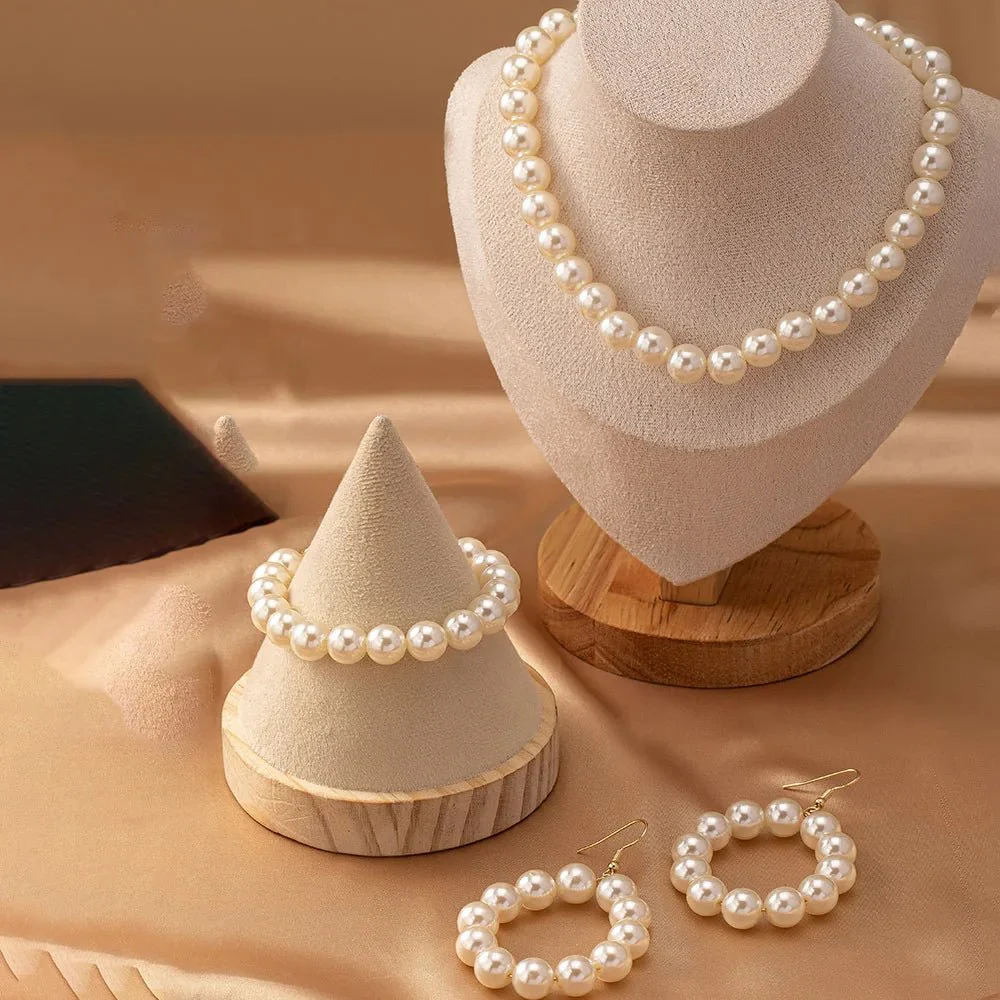 Classy Beaded Pearl Necklace, Bracelet, and Earring Set - Image 2