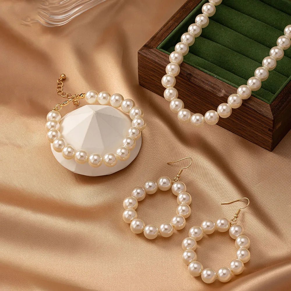 Classy Beaded Pearl Necklace, Bracelet, and Earring Set - Image 3