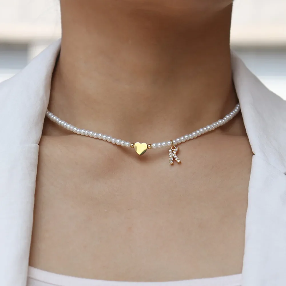 Dainty Beaded Heart Initial Necklace - Image 3