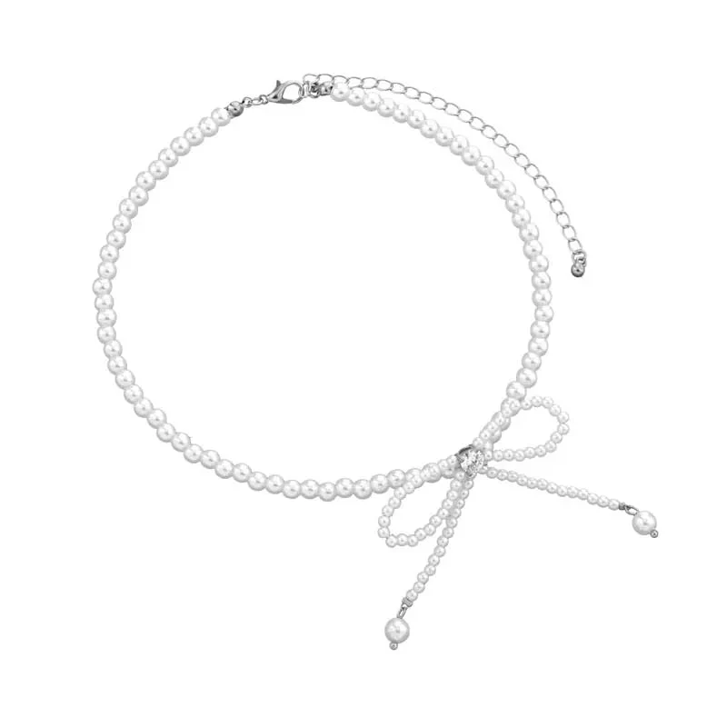 Dainty Beaded Pearl Bow Choker Necklace - Image 8