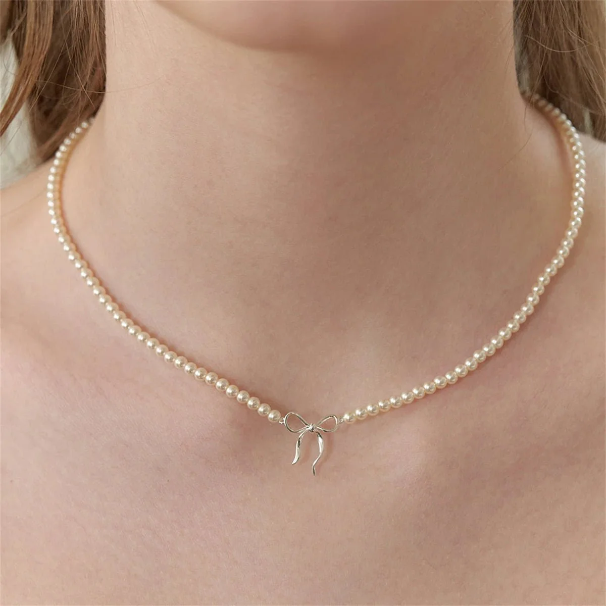 Dainty Beaded Pearl Bow Feminine Choker Necklace - Image 2