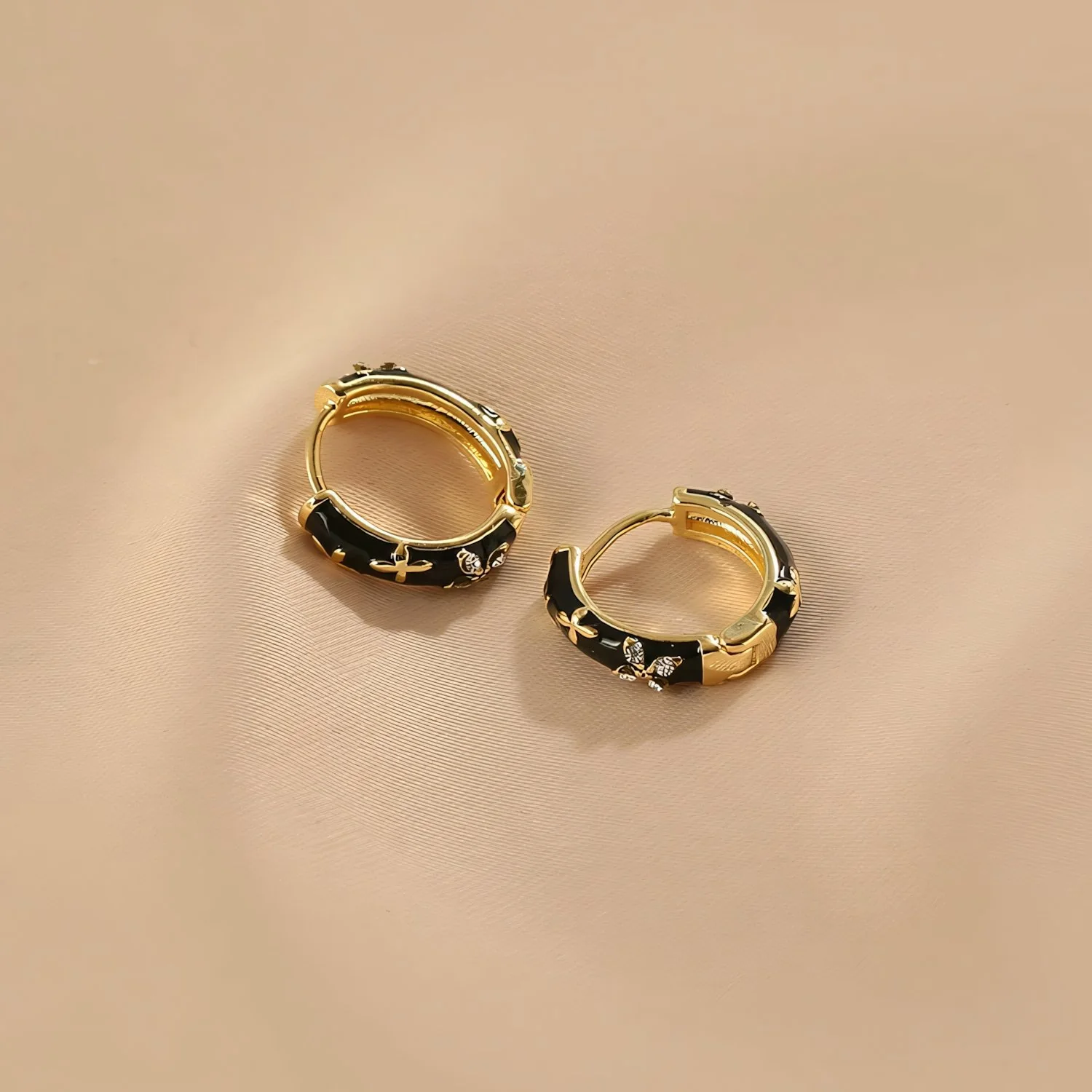 Dainty Black and Gold Floral Hoop Earrings - Image 8