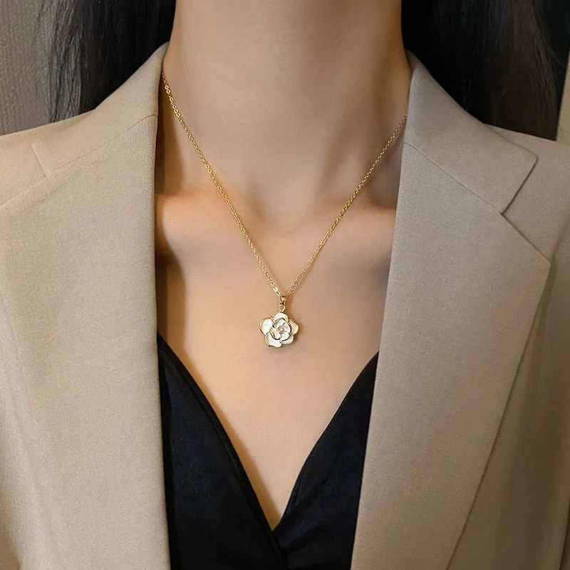 Dainty Blanc Camellia Floral Necklace, Earrings, Ring Jewelry - Image 3
