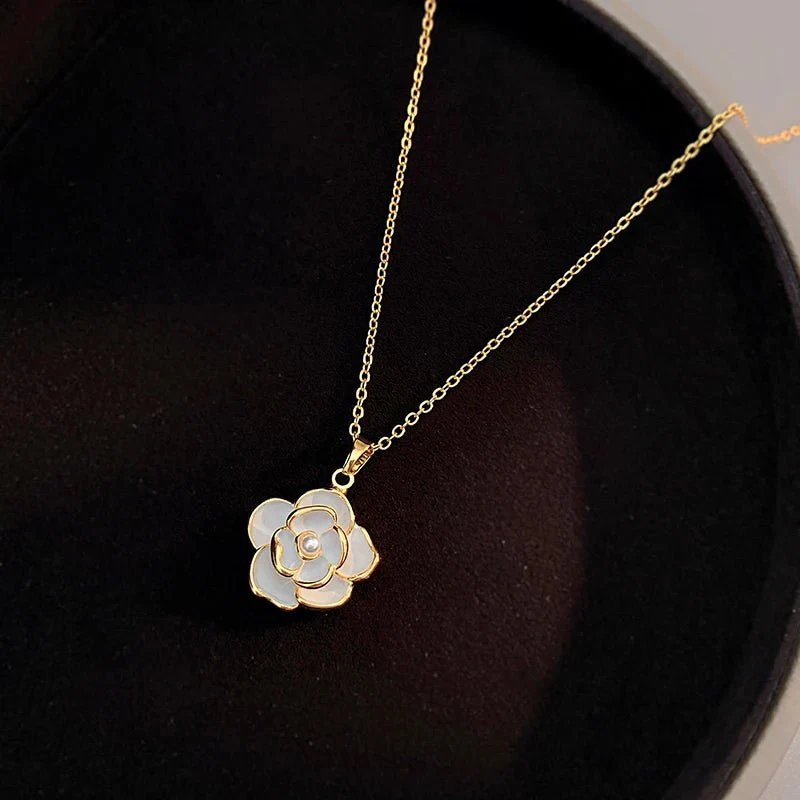 Dainty Blanc Camellia Floral Necklace, Earrings, Ring Jewelry - Image 5