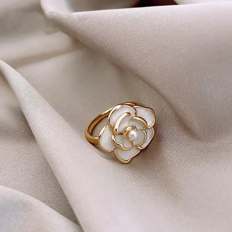 Dainty Blanc Camellia Floral Necklace, Earrings, Ring Jewelry - Image 8