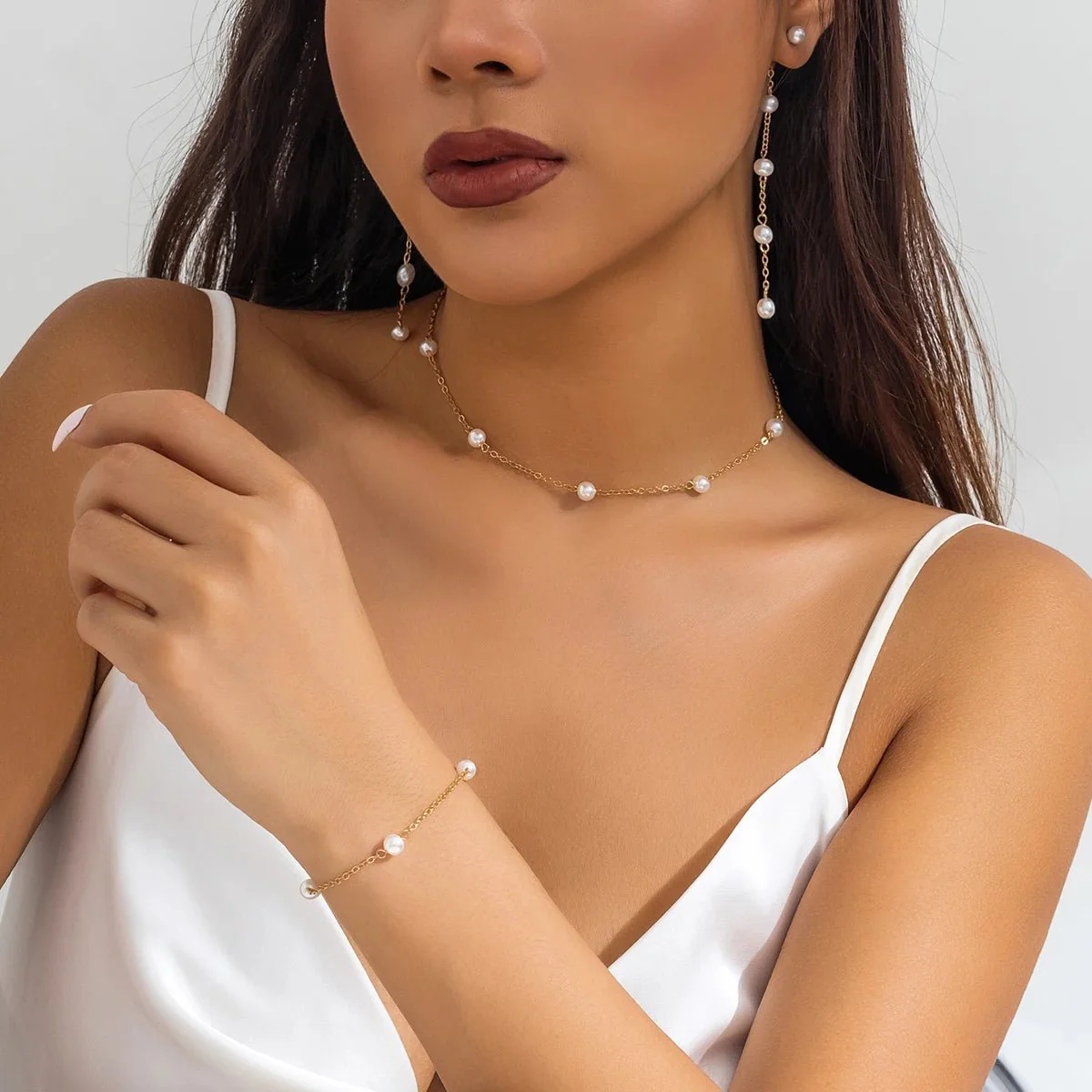 Dainty Chain Pearl Bracelet, Necklace, and Earring Set - Image 3