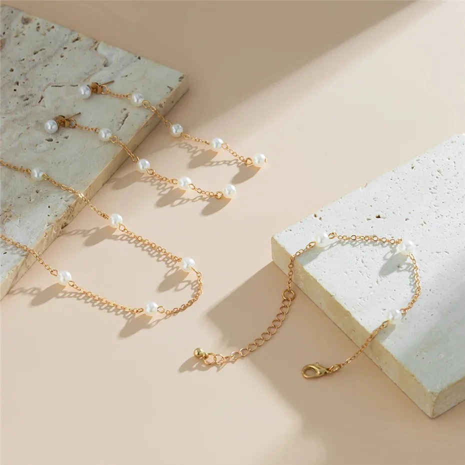 Dainty Chain Pearl Bracelet, Necklace, and Earring Set - Image 6