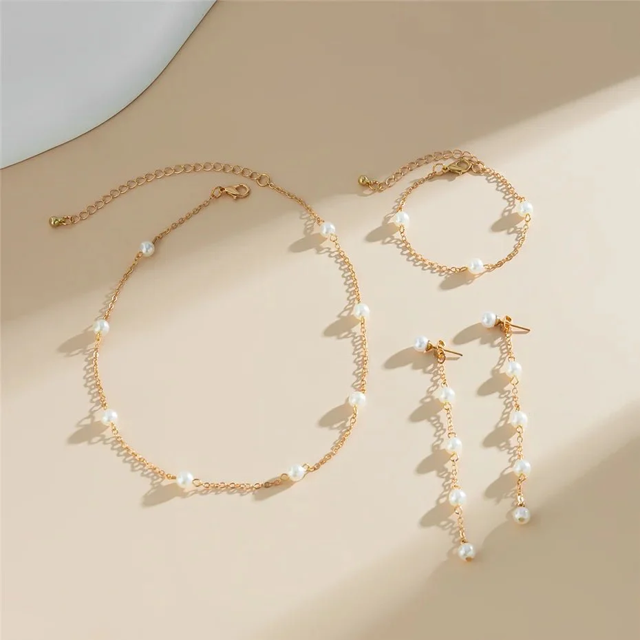 Dainty Chain Pearl Bracelet, Necklace, and Earring Set - Image 7