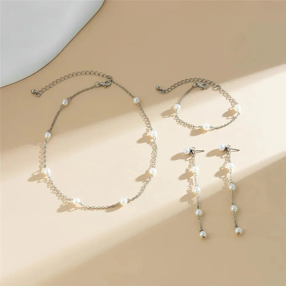 Dainty Chain Pearl Bracelet, Necklace, and Earring Set - Image 8