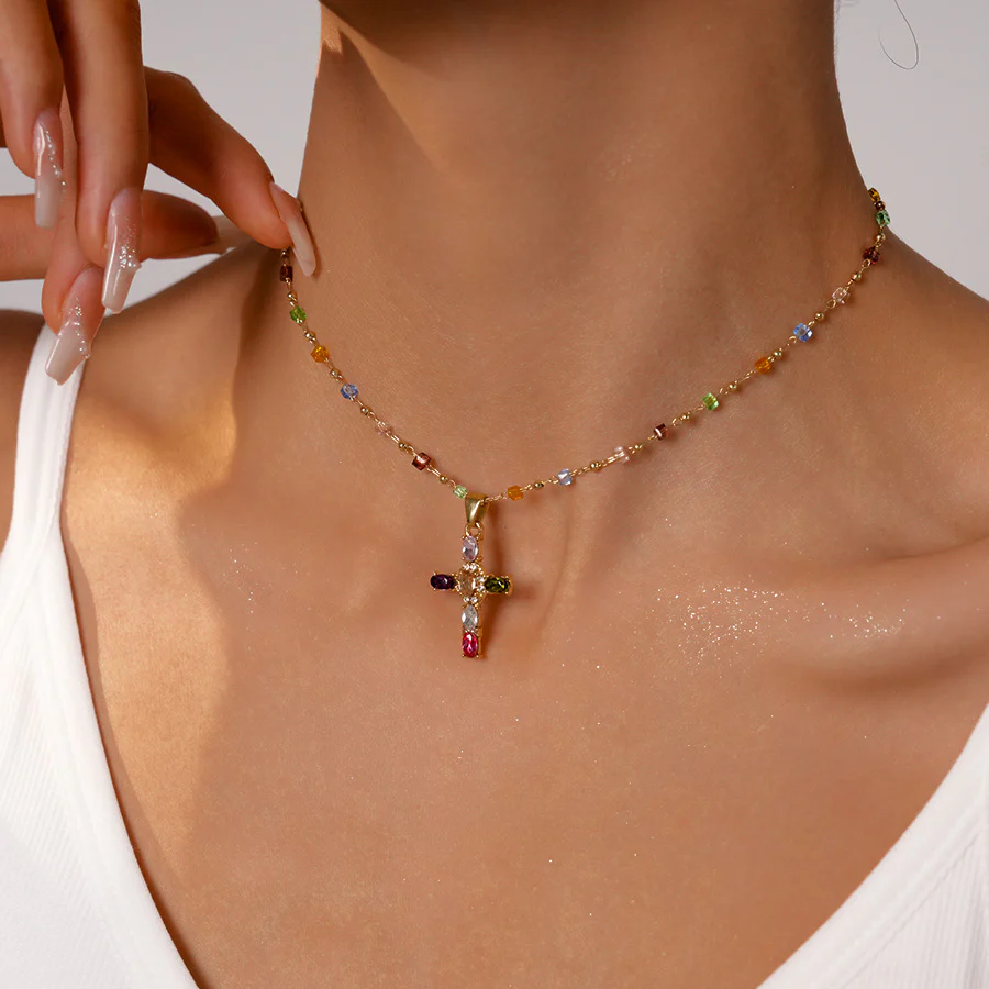 Dainty Colorful Gem Set Cross Necklace - Image 3